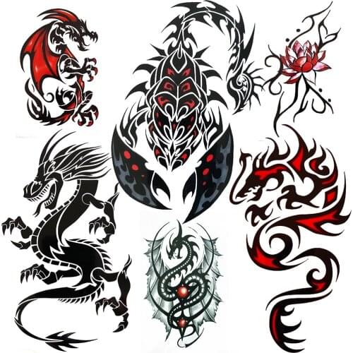 Fire Scorpion King Temporary Tattoos For Men Women Realistic Dragon Tattoo Sticker Beauty Lotus Waterproof Tatoo Body Arm Chest