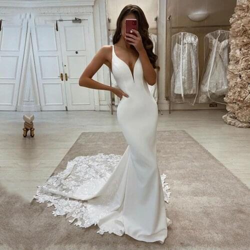 YIWUMENSA Sleeveless Satin Mermaid Wedding Dresses Spaghetti Straps Appliques V Neck Dress Sweep Train Bohemian Bridal Gowns