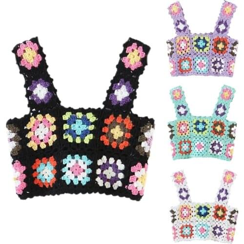 Women Crochet Tank Top Multicolor Floral Knit Vest Slim Beach Cropped Cami Shirt