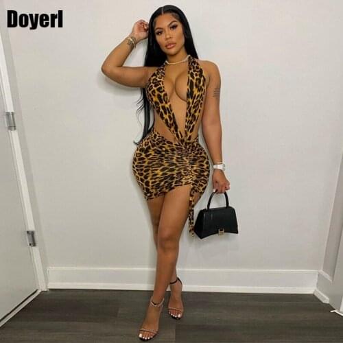 Brown Leopard Print Sexy Bodycon Summer Dress Women Sleeveless Backless Ruched Mini Dress 2021 Cut Out Night Club Party Dress