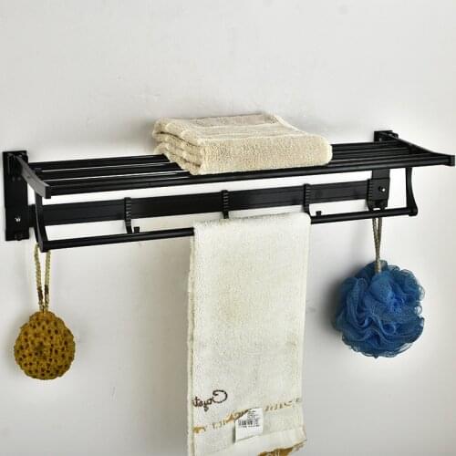 Aluminum Towel Rack Bar Wall Mounted Foldable Large Bathroom Shlves Holder Hotel Clothes Shower Racks Storage Organizer Hooks