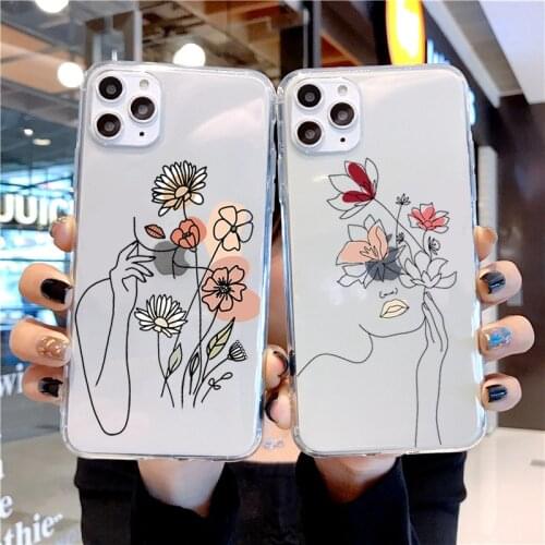 IPhone 11 12 Mini Pro XS Max X XR 7 8 Plus 6 6S SE20 12 Pro Minimalist line art female with flower phone case