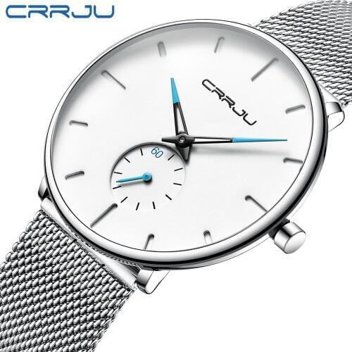 CRRJU Men Ultra thin Watch Business Stainless Steel Mesh Male Wristwatch Casual Sport Waterproof Men Clock Men Gift