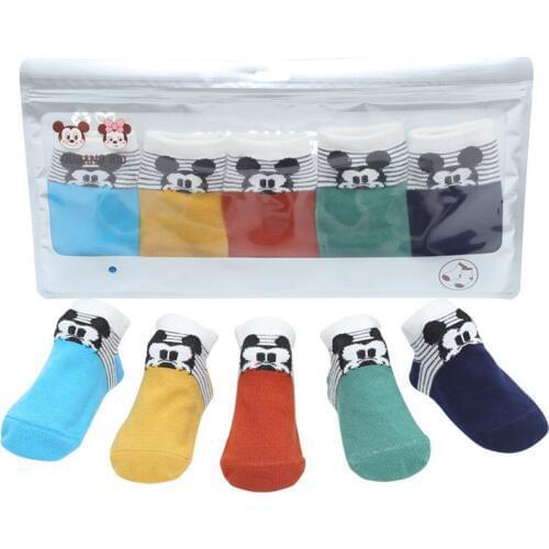 Disney 5pair cartoon Mickey Princess pattern solid color non-slip childrens floor socks sports cute striped straight baby socks