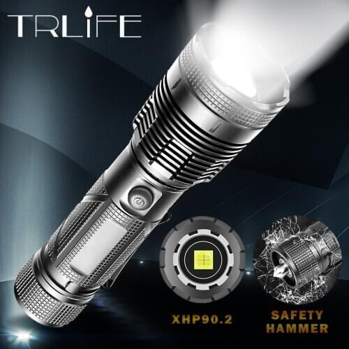 Super Bright XHP90.2 Flashlight Waterproof Torch 26650USB Rechargeable LED Handlight Shocker For Self Defense With Safety Hammer