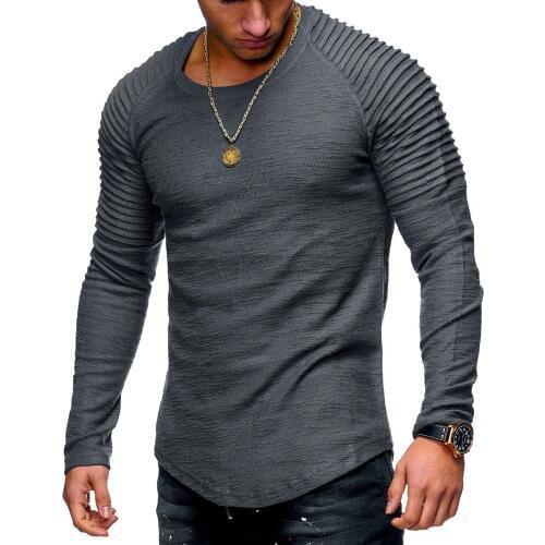 2018 Fashion Men Bodybuilding Casual Fitness Long Sleeve Tshirt Solid Pleated on Shoulder O-Neck Spring&Summer T Shirt Men Tops