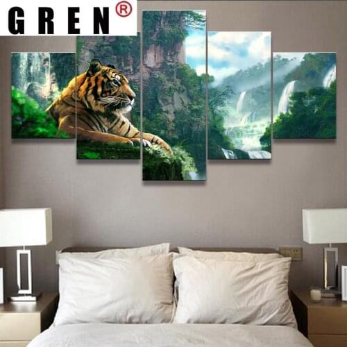 GREN Wall Art Canvas Painting 5 Panel Tiger Mountain Waterfall Image Animal Poster Home Living Room Decoration Decorative Frames