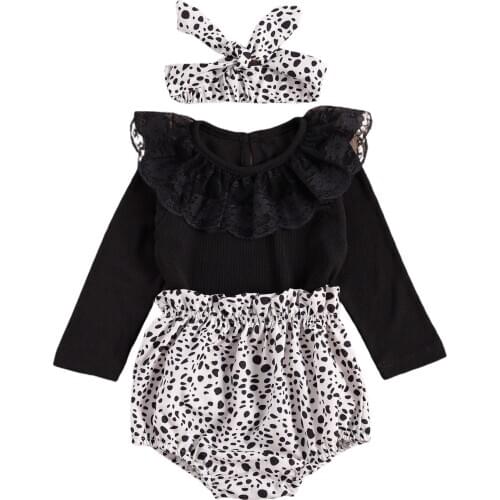 Toddler Baby Girls Clothes Set Lace Long Sleeve Round Neck Tops + Leopard Print Shorts + Bowknot Headband for Spring Fall