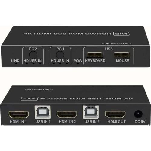 4K USB HDMI KVM Switch Box Video Display USB Switcher Splitter for 2 PC Sharing Keyboard Mouse Printer Plug and Play with Cable