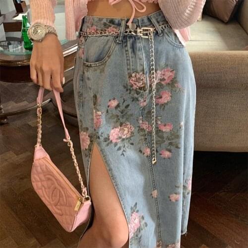 Summer 2021 New Sweet Printed Package Hip Denim Skirt Vintage Fashion High Waist Fork Long Skirts for Women