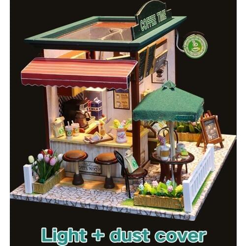 Doll House Miniature DIY Dollhouse With Furnitures Wooden Coffee Time Shop House Toys For Children Girls Birthday Christmas Gift