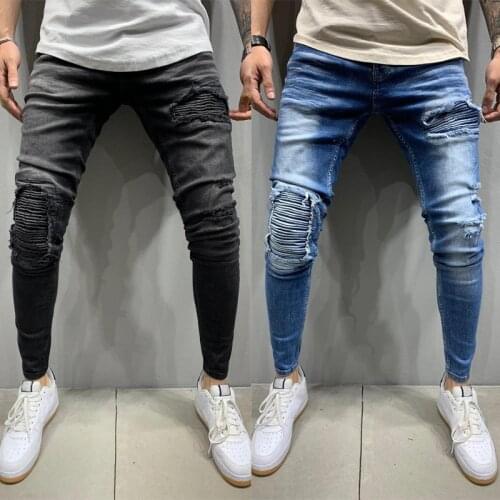 Mens Biker Wrinkle Jeans 2021 Skinny Patch Work Holes Ripped Stretch Denim Pants Leisure Fashion Water Washing Pencil Pants