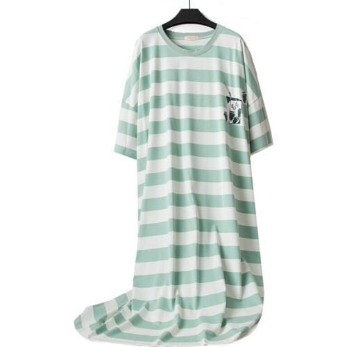 Nightdress female new striped cotton sleepwear dress sweet loose cute spring summer nightgown women loose casual home clothes