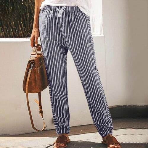 New Linen Pants Women Trousers Loose Casual Striped Womens Harem Pants Female Capris Summer Autumn Pocket Loose Pants#f3