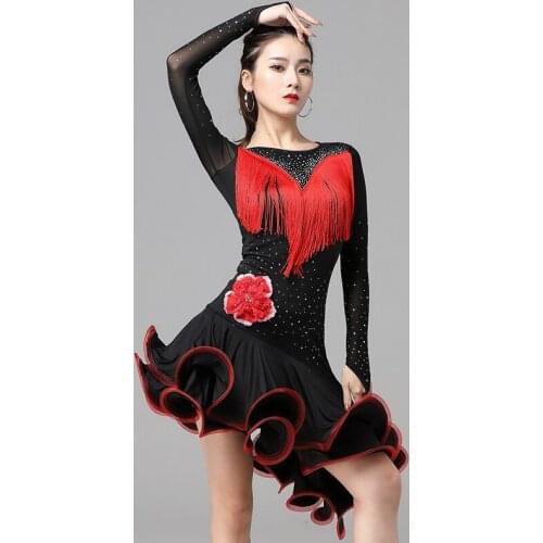 Adult Women Rhinestone Latin Dance Dress Fashion Stage Performance Costume Rumba Tassel Competition Dresses Dancewear VDB3642