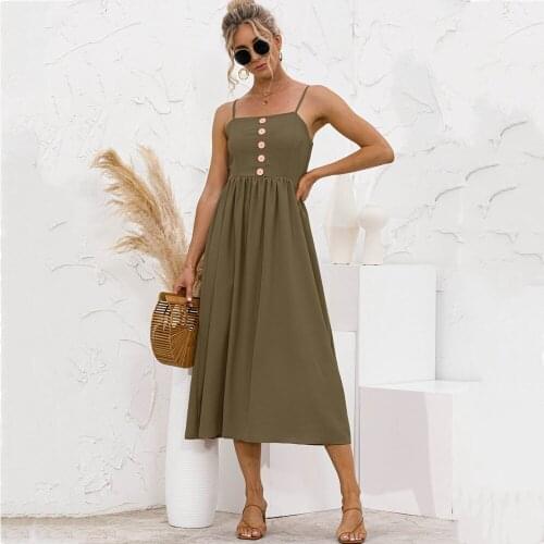 Summer Dress Women Spaghetti Strips Sleeveless Pure Color Long Dresses Femme Robe Sling Backless Button Dress For Woman Vestidos