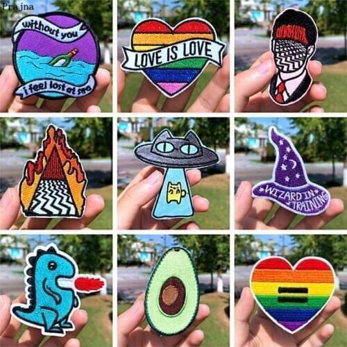 Prajna Cartoon Animal Patches Cute Dinosaur Dog Cat Embroidered Patches For Clothing DIY Stripes Rainbow Iron On Kids Jackets