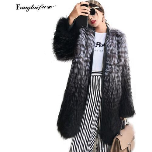 Fang Tai Fur 2019 Weave Women Import Sliver Fox Fur Coat O-Neck Loss Slim Fox Fur Coat Womens Gradien Real X-Long Fox Fur Coats