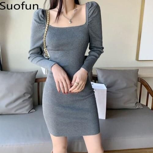 Suofun Sheath 2021 Fashion Women Square Neck Knitted Dress Elastic Dress Grey Ball Sleeve Spring And Autumn 2021 Sweater Dress