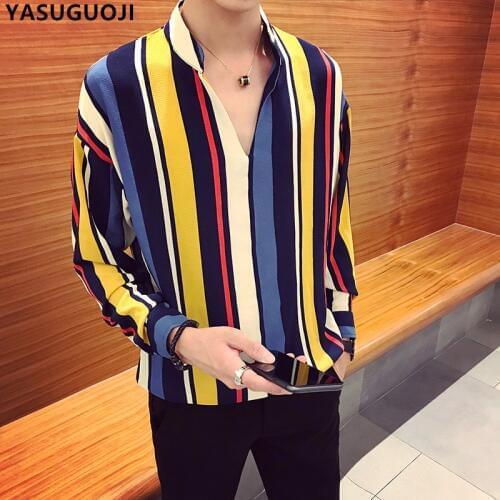 YASUGUOJI New Autumn Fashion Contrast Color Vertical Stripe V-neck Long Sleeve Polo Shirt Men Chemise Homme Mens Loose Clothing