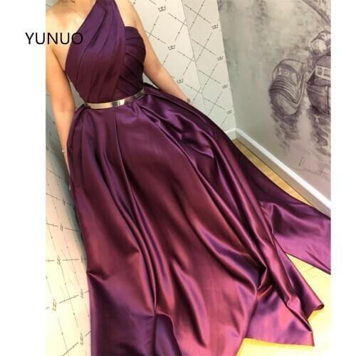 YUNUO Purple A-Line Satin Prom Dresses Pleated вечернее платье Evening Gowns One Shoulder Party Gowns For Women robe de soiree