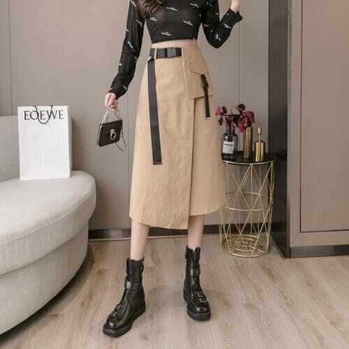 High Street Irregular Cargos Long Skirt Casual Women High Waist Skirts With One Pocket