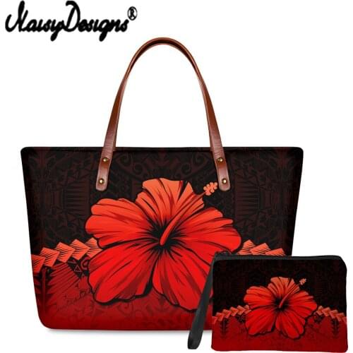 Noisydesigns Women Large Capacity Totes Bag Set Of 2 Polynesian Hibiscus Flower Print Ladies Coin Purse And Shoulder Bag Sac