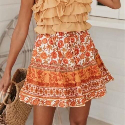 Happie Queens Hippie women orange floral printed tassel boho skirt ladies high elestic waist rayon cotton Bohemian mini skirts