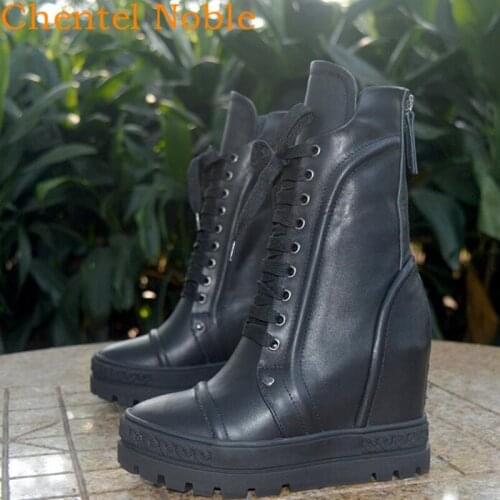 Internal Increase Breathable Boots Lace-Up Behind Zipper Female Thick Bottom Fashionable Shoes Zapatos De Mujer White Black