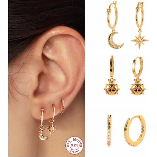 Plata De Ley 925 Sterling Silver Drop Earring Trendy Moon Star Ladybug Dangle Earrings For Women Girls CZ Pendientes Brincos