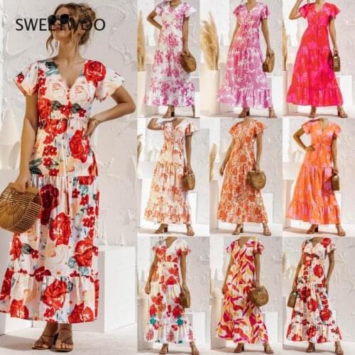 2021 Spring and Summer Short-Sleeved V-Neck Flower Print Lace-Up Buttons Bohemian Casual Loose Dress Long Skirt
