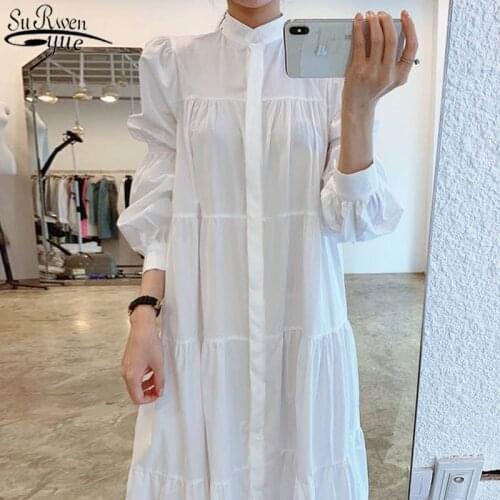 Single-breasted Vestidos New Arrival Stand Collar Long Sleeve White Dress Women Solid A Line Vintage Dresses Korean Style 14390