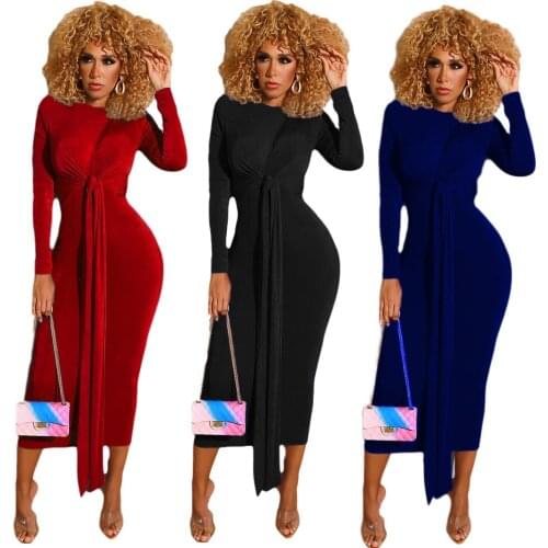 FNOCE 2020 autumn winter womens dresses fashion casual elegant solid long sleeve o-neck Sashe tight slim stretch Mid-Calf dress