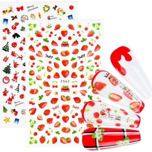 1 PC 3D Strawberry Cartoon Sticker Decals Christmas Design Adhesive Manicure Tips Nail Art Decorations