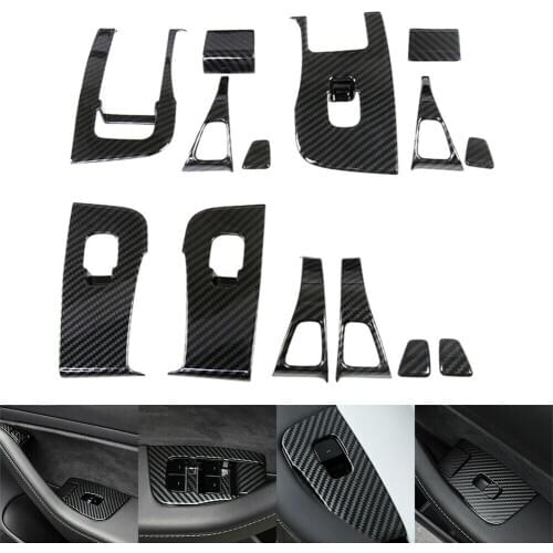 14PCS/Set Car Window Lift Switch Buttons Cover Carbon Fiber ABS Decoration Trim For Tesla Model 3 2017 2018 2019 2020