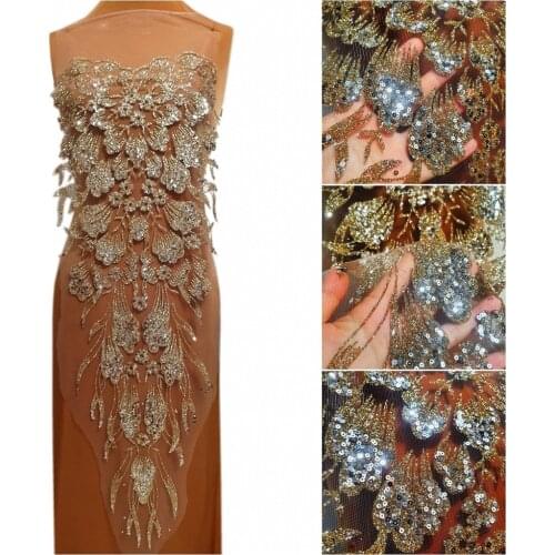 3D Lace Prom Gown Sequins Beads Sew on Design Clothes Bodice Appliques Patches For Costumes Dance Yellow Golden Accessories Diy