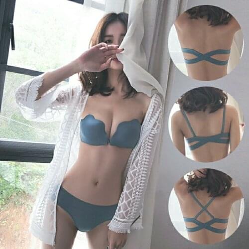 Strapless straps gathered anti-slip invisible back bra front button underwear womens unresiled steel ring small bra bra set