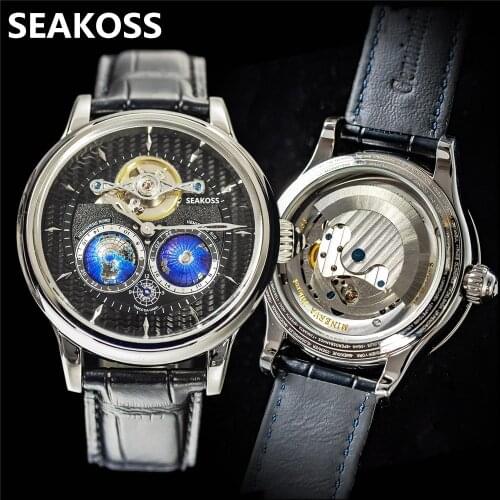 SEAKOSS 46mm Luxury Automatic Mechanical Watch For Men Double 3D Earth Spinning Multifunction Tourbillon Wristwatch Waterproof