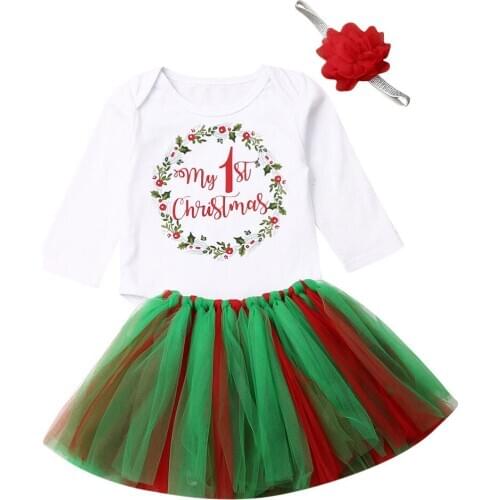 Newborn Baby Girl Christmas Letter Print Romper Tulle Tutu Skirt Dress Flower Headband 3PCS Outfit Clothes