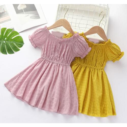 Solid Pleated Girl Dress 2021 Summer New Button Plaid Puff Sleeve Cotton Slim Cute Princess Children Clothes