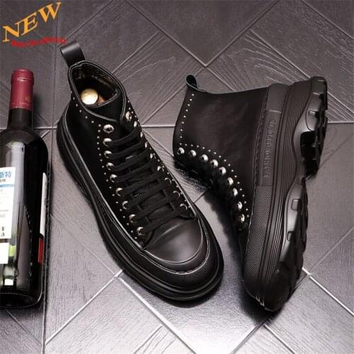 Korean fashion Leather Men High Tops rivet Sneakers Casual Hip Hop Platform Shoes Ankle Martin Boots