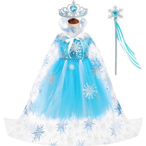 Sequined Elsa Princess Dress Costume Girls Snow Queen fancy Tutu Dresses with Long Cloak Crown Halloween Costumes for Kids Girl