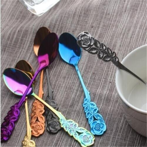 Colorful Rose Handle Spoon Coffee Stir Dessert Cake Salad Scoop Durable Kitchen Tableware Stainless Steel Tea Spoon