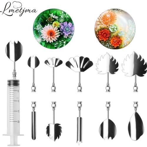 LMETJMA Jelly Flower Art Tools Set 10 Nozzles +1 Syringe 3D Jelly Flower Making Mold Pudding Pastry Nozzles Baking Tool KC0526-1