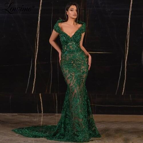 Lowime Lace Robes Green Illusion Evening Dress 2021 Arabic Mermaid Long Prom Dresses Woman Party Night Gowns Dubai Dress Vestido