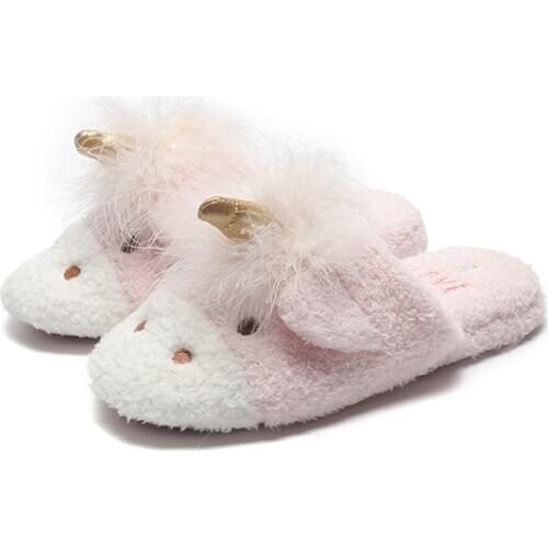 Cute Girl Indoor Slippers Winter Warm Slippers Non-slip Floor Cotton Unicorn Slippers Rubber Bottom Slippers Pink Green