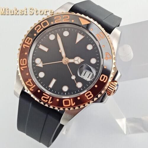 40mm mens top watches sapphire glass ceramic bezel black sterile dial GMT date window rubber strap automatic mens watch
