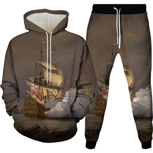 Harajuku Universe Planet Star Galaxy Sailing Ship Printing Men 2PcsSet Tracksuit Women Fashion Hoodies+Trousers Sportwear Suits