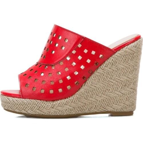 Cut-outs Platform Womens Slippers Wedge Heels Mules Shoes 2021 Summer Sandals For Woman Open Toe Knitted Wedge Shoes Female