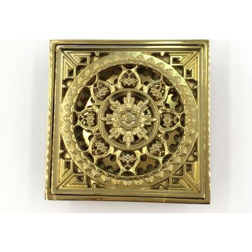 Newest Hot Sell Bathroom Antique Gold Plated Floor Drain Strainers Deodorant Core Floor Drains Filter Covers Carving Style